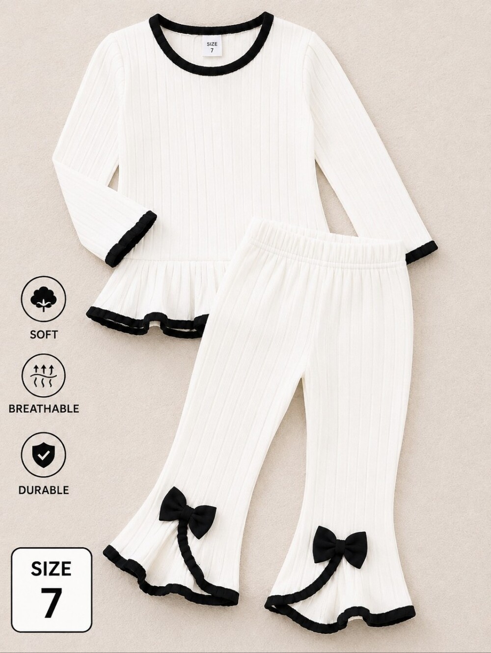 Kids White Ribbed Two-Piece Outfit with Black Trim